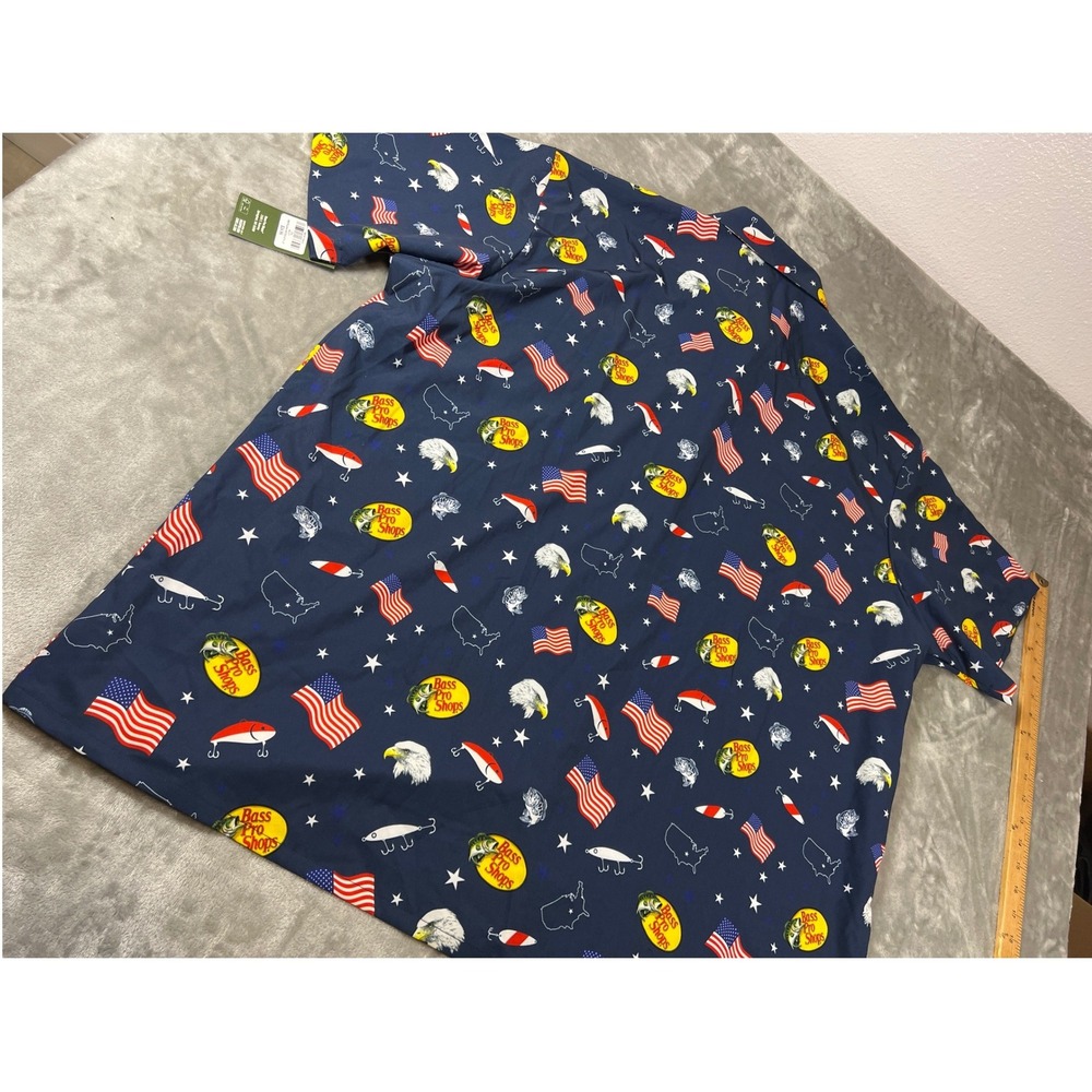 Bass Pro Shops Patriotic Fishing Shirt 2XL USA Flag Eagle July 4th Button Up NWT - Picture 8 of 10